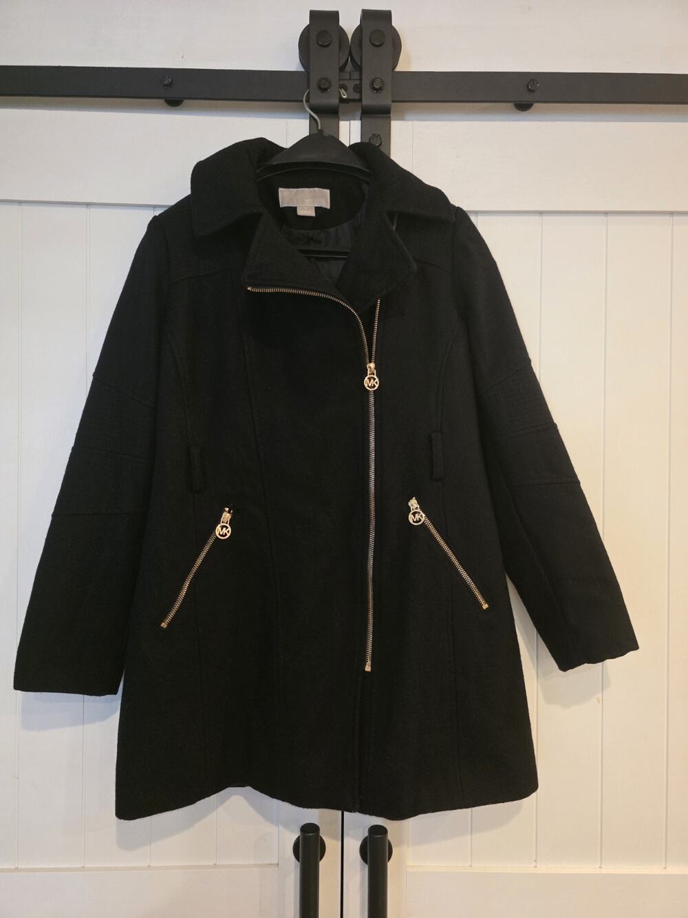 Michael Kors Womens Small Black Wool Blend Asymmetrical Zip Coat Moto READ